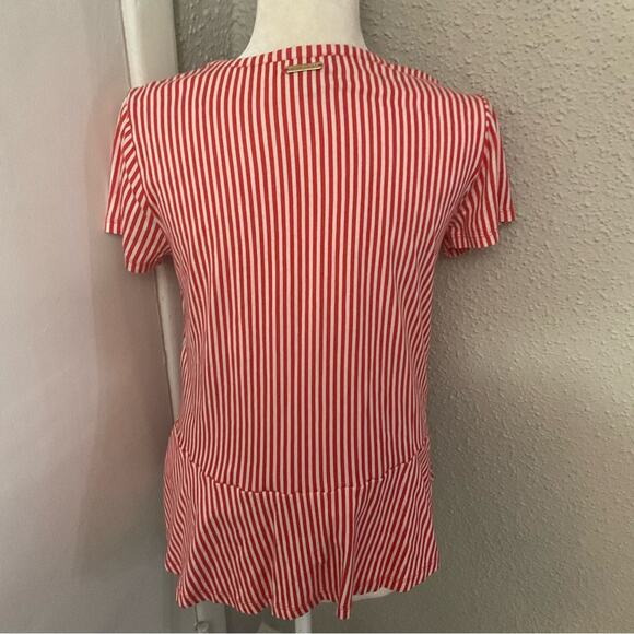 MICHAEL Michael Kors Short Sleeve Ruffle Tier Peplum Candy Stripe Top M Classic - Picture 2 of 8
